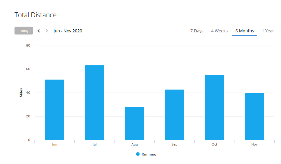 A bar graph chart of distance run per month from June to November